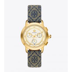 T MONOGRAM TORY WATCH, NAVY/GOLD-TONE STAINLESS STEEL, 37 X 37 MM