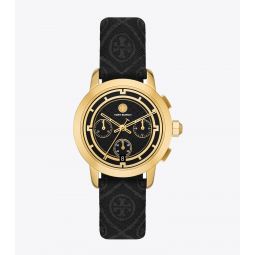 TORY CHRONOGRAPH WATCH, T MONOGRAM JACQUARD/ LEATHER/ GOLD-TONE STAINLESS STEEL