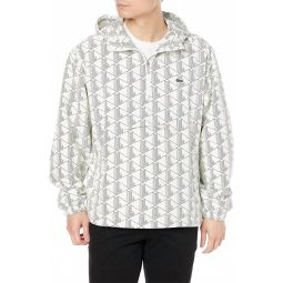 mens live monogram patterned pullover windbreaker in white/green