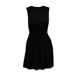 crew-neck sleeveless shirred a-line dress in black silk