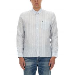 long-sleeve linen shirt with vertical stripes