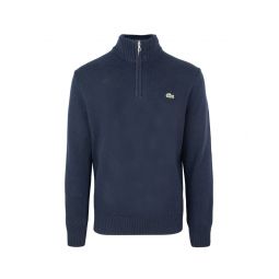 blue zip-up turtleneck sweater