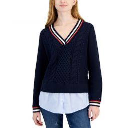 Womens Cable-Knit Layered-Look Sweater