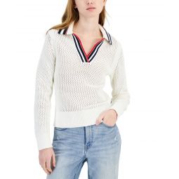 Womens Cotton Collared V-Neck Mesh Sweater