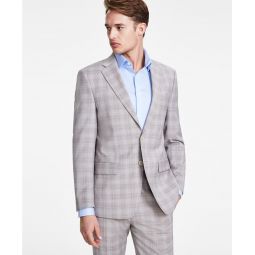 Mens Slim-Fit Wool Blend Stretch Plaid Suit Separate Jacket