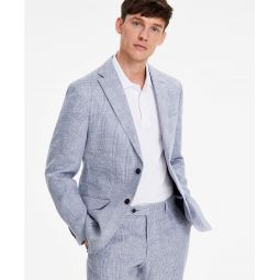 Mens Modern-Fit Blue Plaid Linen Suit Separate Jacket