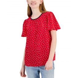 Womens Dot-Print Flutter-Sleeve Top