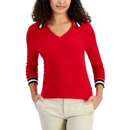 Womens Cotton Striped-Collar Cable-Knit Sweater