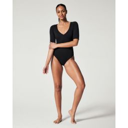 Pique Shaping Plunge Short Sleeve One-Piece