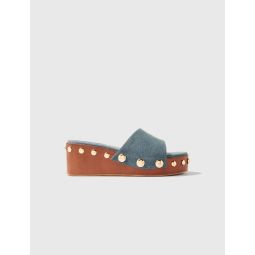 Denim studded wedge mules