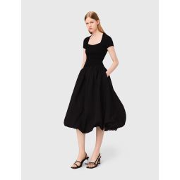 Long ribbed knit and taffeta dress