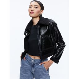 ISAIAH VEGAN LEATHER FAUX SHEARLING CROPPED JACKET