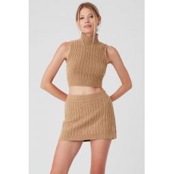 Cable Knit Winter Bliss Mock Neck Tank - Toasted Almond