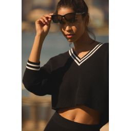 Tennis Club Sweater Knit V-Neck Pullover - Black/Ivory