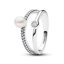 Treated Freshwater Cultured Pearl & Pave Double Band Ring