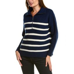 Forte Cashmere Striped Rib Mock Neck Wool & Cashmere-Blend 1/2-Zip Sweater