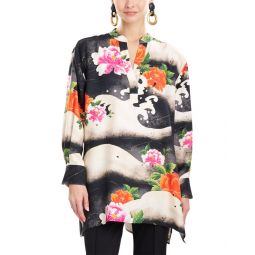 Natori Mayumi Oversized Half Placket Silk-Blend Shirt