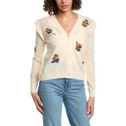 Minnie Rose Embroidered Flower Ruffled Cashmere Cardigan