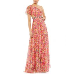 Mac Duggal Floral Print One Shoulder Butterfly Sleeve A-Line