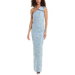 Teri Jon By Rickie Freeman One-Shoulder Bow Abstract Print Jacquard Gown