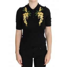 Dolce & Gabbana Black Silk Floral Embroidered Polo Womens Top