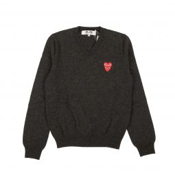 CDG Play Charcoal Grey V Neck Wool Heart Applique Sweater