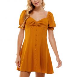 Juniors Womens Sweetheart Neckline Puff Sleeves Fit & Flare Dress