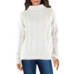 Womens Cable Knit Ribbed Trim Mock Turtleneck Sweater