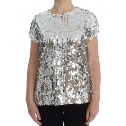 Dolce & Gabbana Silver Sequined Crewneck Blouse T-shirt Womens Top