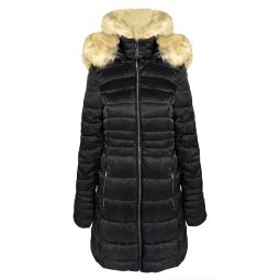 Laundry by Shelli Segal Womens Quilted Faux Fur Puffer Jacket, Black