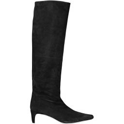STAUD Womens Black Suede Leather Wally Knee High Tall Low Heel Boots