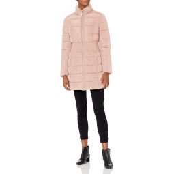 LAUNDRY BY SHELLI SEGAL Womens 3/4 Puffer Jacket with Zig Zag Cinched Waist and Faux Fur Trim Hood, Dusty Pink Coat Jacket