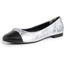 Tory Burch Womens Cap-Toe Ballet Flats w/Bow, Silver/Perfect Black