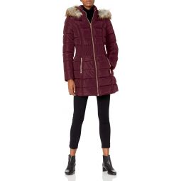 LAUNDRY BY SHELLI SEGAL Womens 3/4 Puffer With Zig Zag Cinched Waist and Faux Fur Trim Hood Jacket, Port Royal Coat