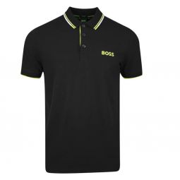 BOSS Mens Paddy Pro Contrast Color Cotton Stretch Polo Shirt, Deep Black/Electric Lime
