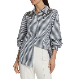 Cinq a Sept Womens Crystal Ivy Stripe Kandice Top, Peacock Blue/Ivory