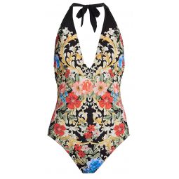 Johnny Was Black Royal Halter One Piece Swimsuit Multi