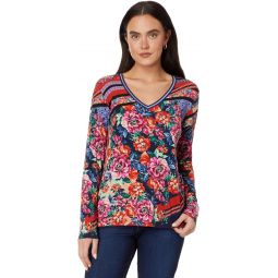 Johnny Was Womens The Janie Favorite Long Sleeve V-Neck Tee, Multi