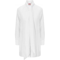 STAUD Womens Maryn Tie Neck Long Sleeve Stretch Cotton Poplin Mini Shirtdress, White