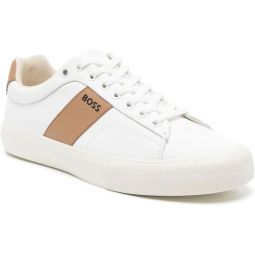 BOSS Mens Aiden Logo Block Leather Low Top Sneaker, White Cream
