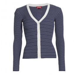 STAUD Womens Blue White Striped Cargo Rib-Knit V-Neck Cardigan