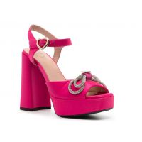 Love Moschino Womens Satin Rhinestone Bow Block Heel Sandals, Fuchsia Pink