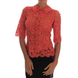 Dolce & Gabbana Orange Crystal Buttons Floral Lace Womens Blouse