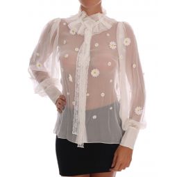 Dolce & Gabbana White Daisy Applique Silk Womens Shirt