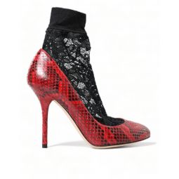 Dolce & Gabbana Red Almond Toe Snakeskin Pumps with Lace Womens Socks