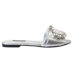 Dolce & Gabbana Crystal-Embellished Silver Leather Womens Slides