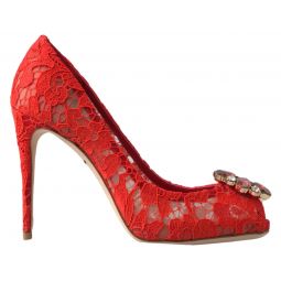 Dolce & Gabbana Red Taormina Lace Crystal Heels Pumps Womens Shoes