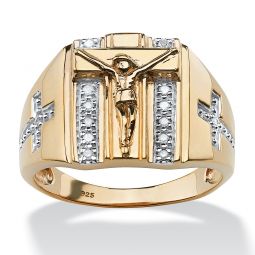 PalmBeach Jewelry Mens Yellow Gold-plated Sterling Silver Round Genuine Diamond Crucifix Ring (1/8 cttw, I Color, I3 Clarity) Sizes 9-13