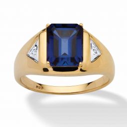 PalmBeach Jewelry Mens Yellow Gold-plated Sterling Silver Emerald Cut Created Blue Sapphire and Diamond Accent Ring Sizes 8-16