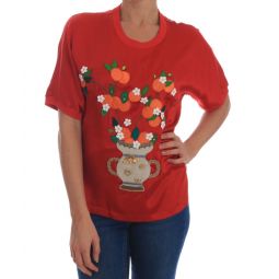 Dolce & Gabbana Red Silk Oranges Floral Crystal Womens Blouse